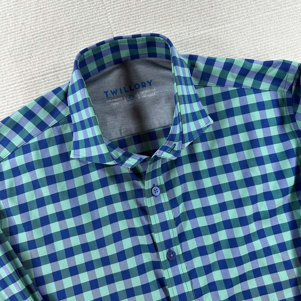 Twillory Men 15.5 32-33 Performance Tailored Fit Blue Green Gingham Dress Shirt